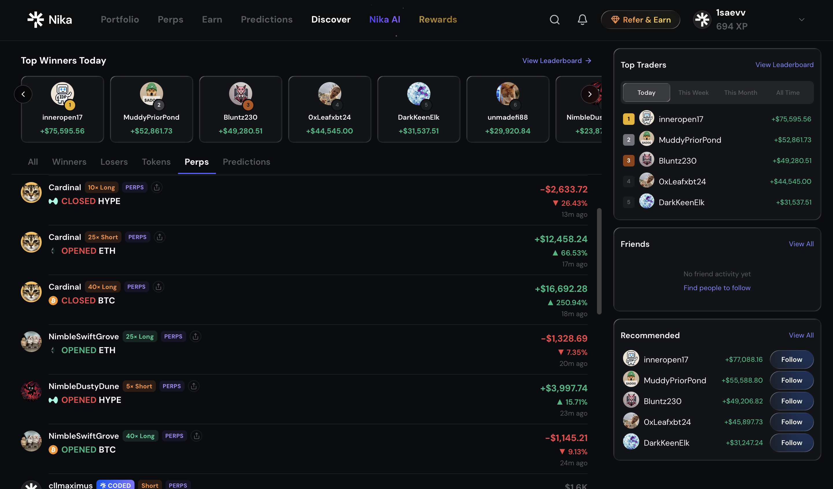 Nika Discover with the Perps filter selected, showing top winners, perp activity, top traders and recommended profiles.