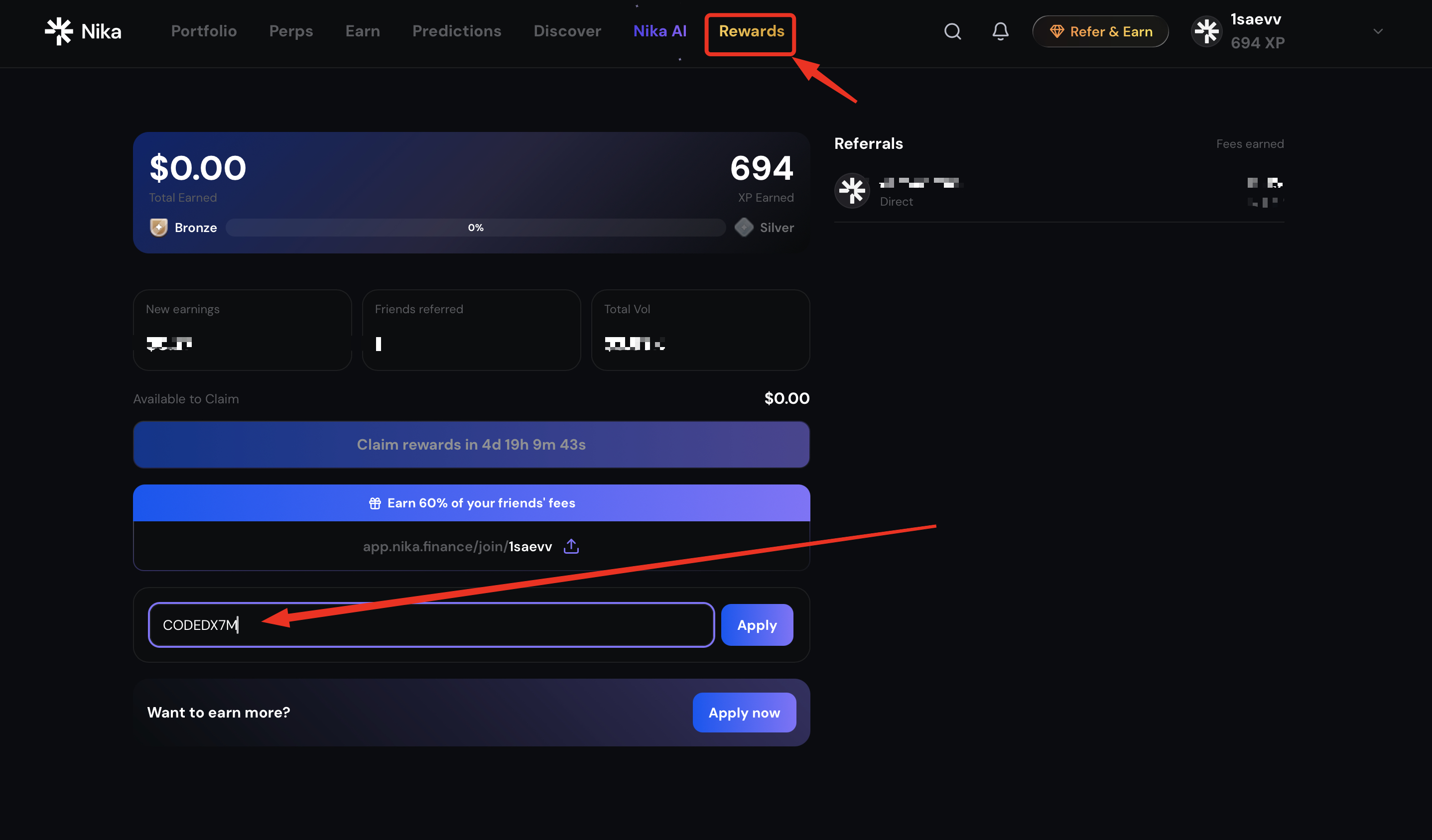 Nika Rewards page with an input for entering a creator code and a claim button.